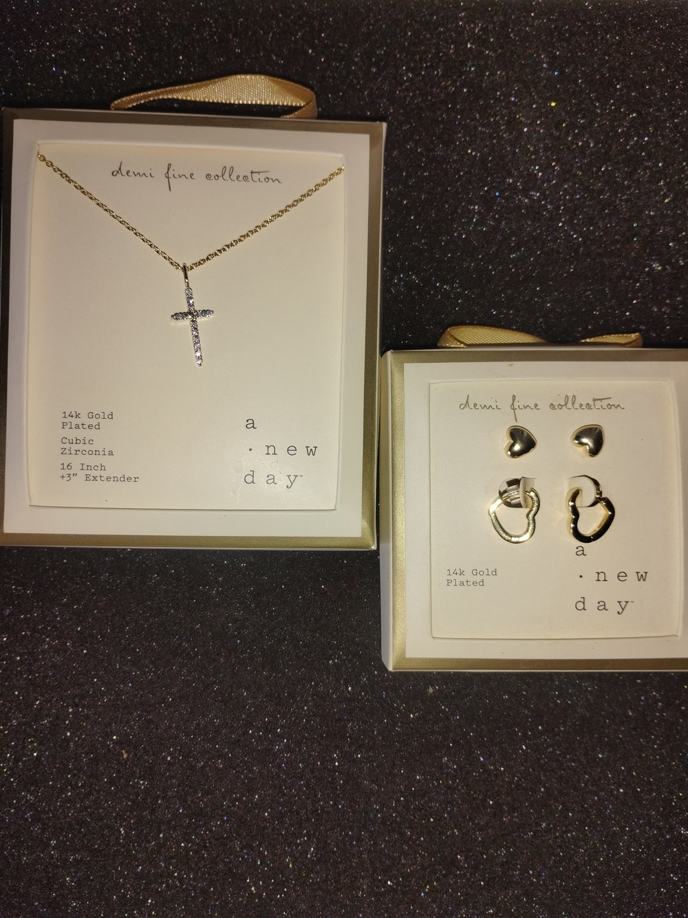 a new day Gold Cross Pendant Necklace with Matching Heart Hoop Earrings